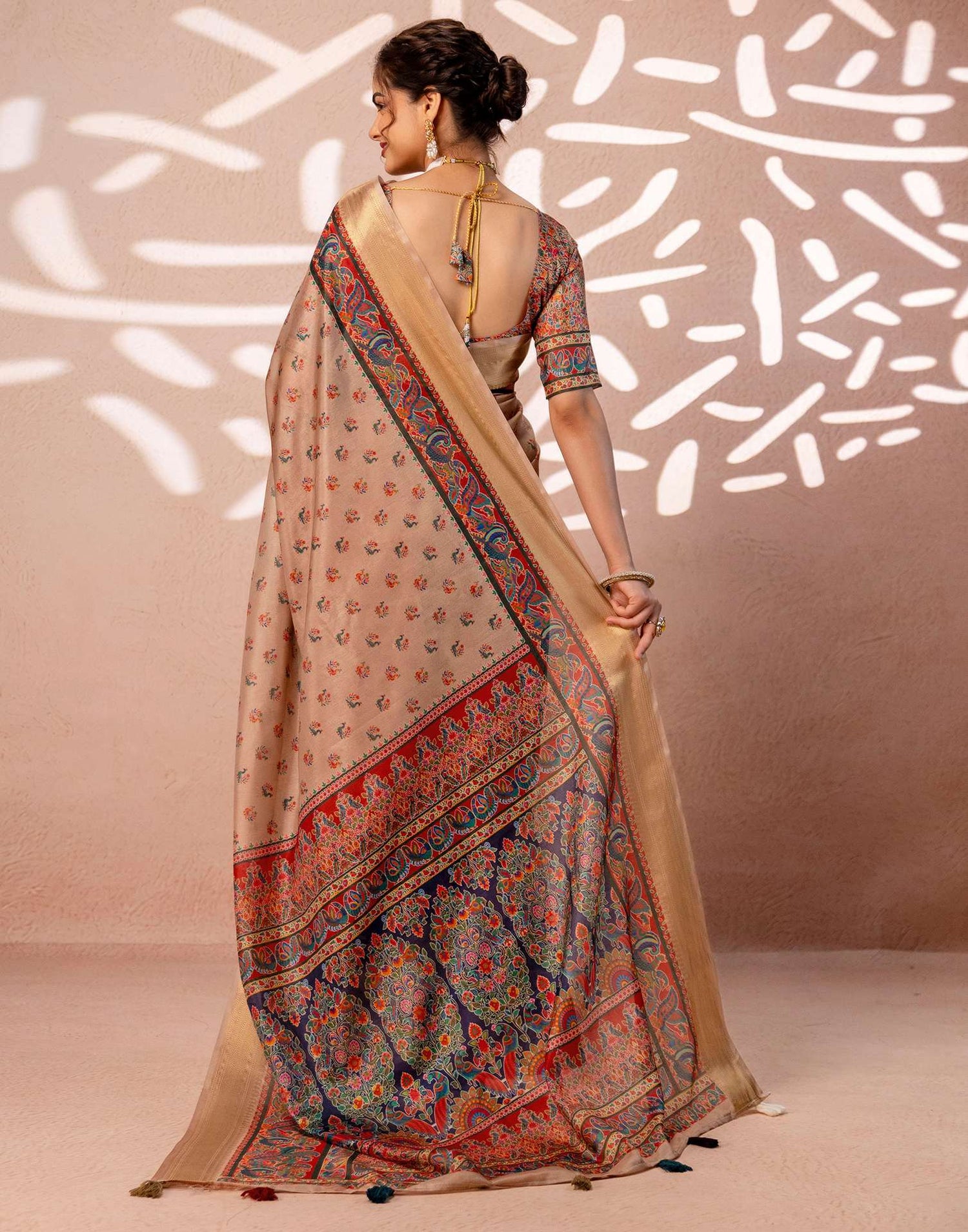 Dark Beige Silk Kalamkari Woven Border Saree