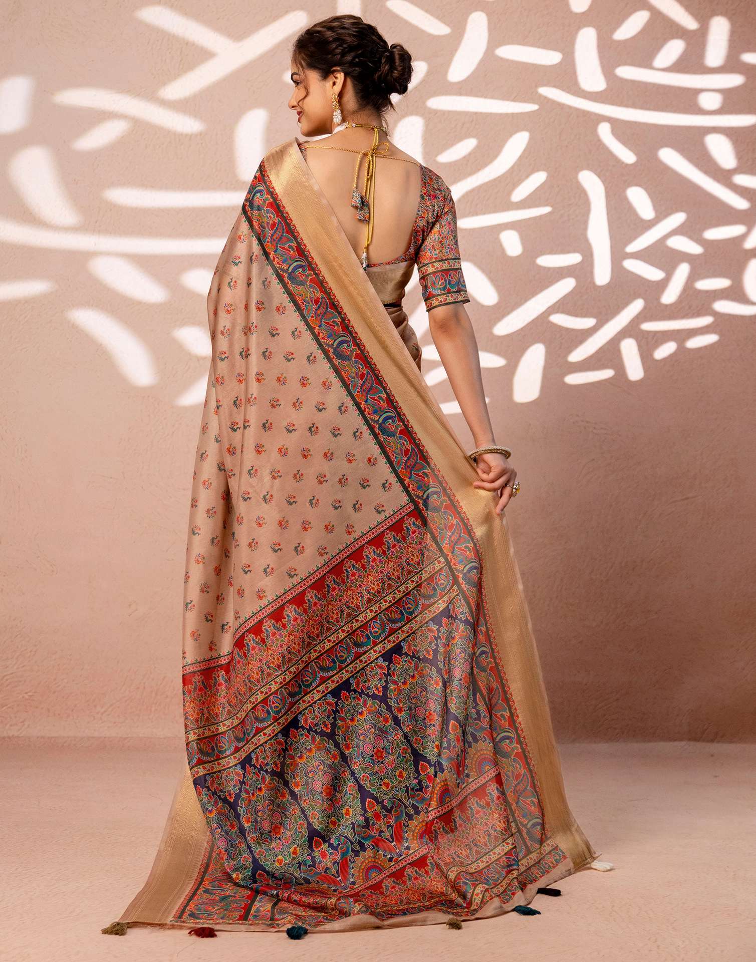Dark Beige Silk Kalamkari Woven Border Saree