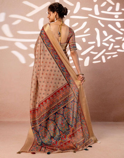 Dark Beige Silk Kalamkari Woven Border Saree