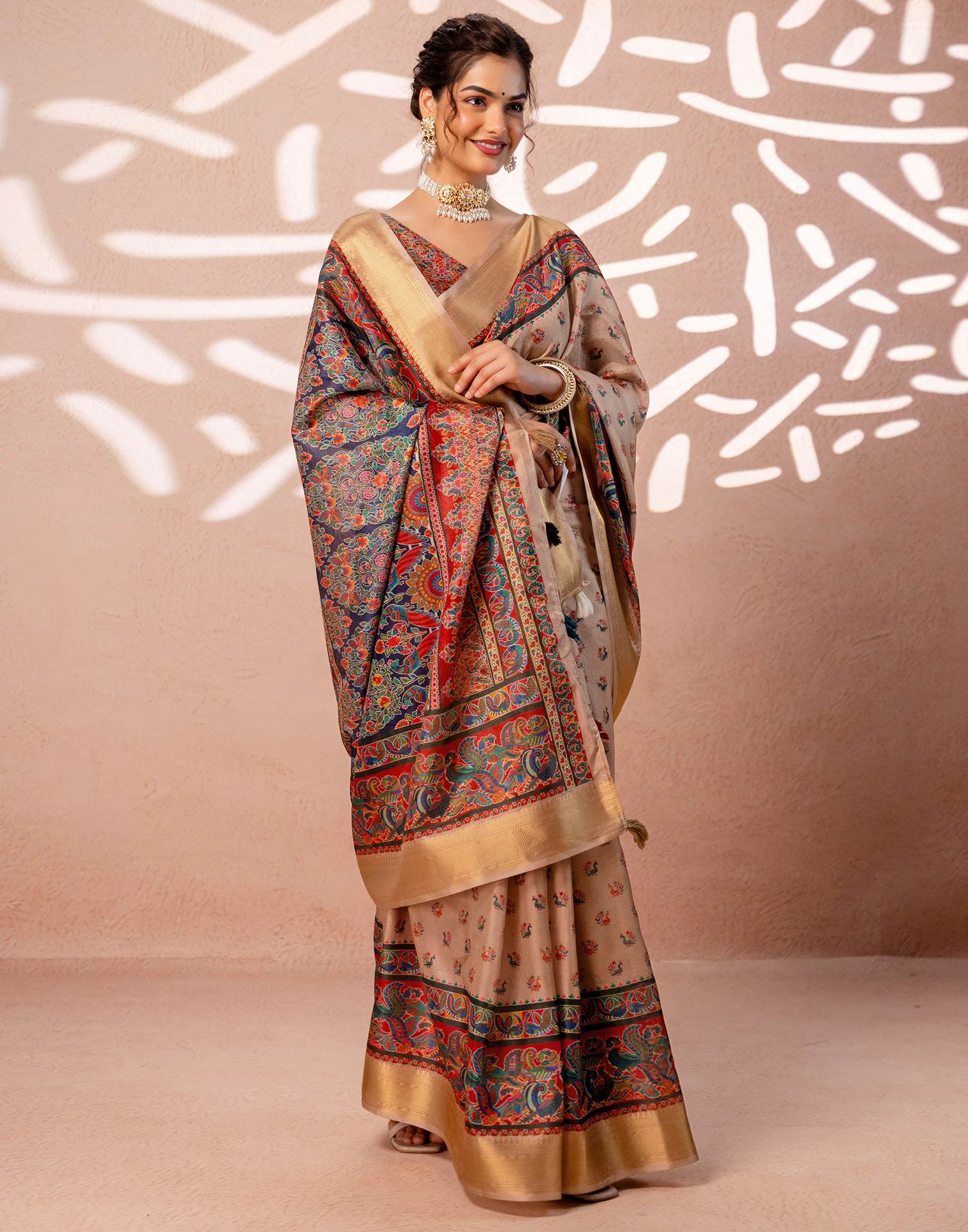Dark Beige Silk Kalamkari Woven Border Saree