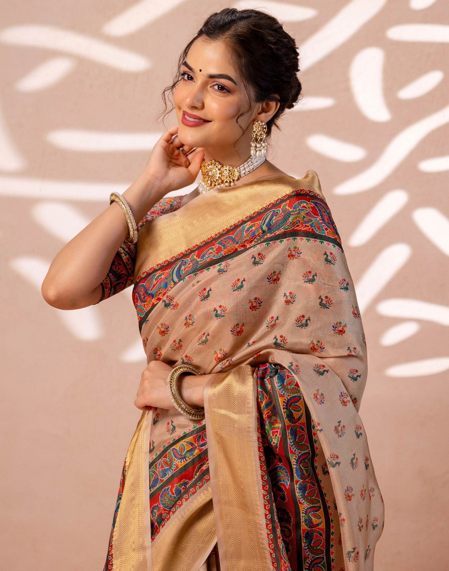 Dark Beige Silk Kalamkari Woven Border Saree