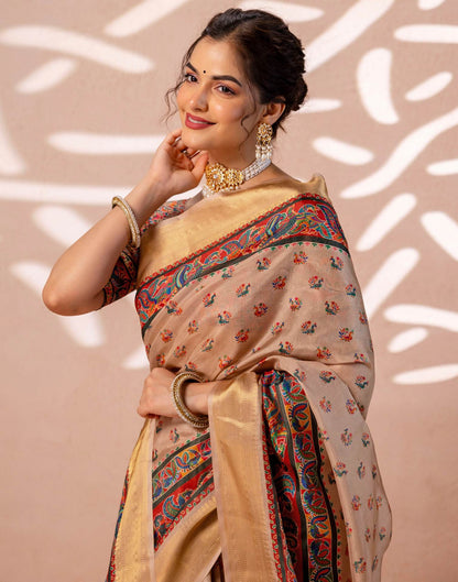 Dark Beige Silk Kalamkari Woven Border Saree
