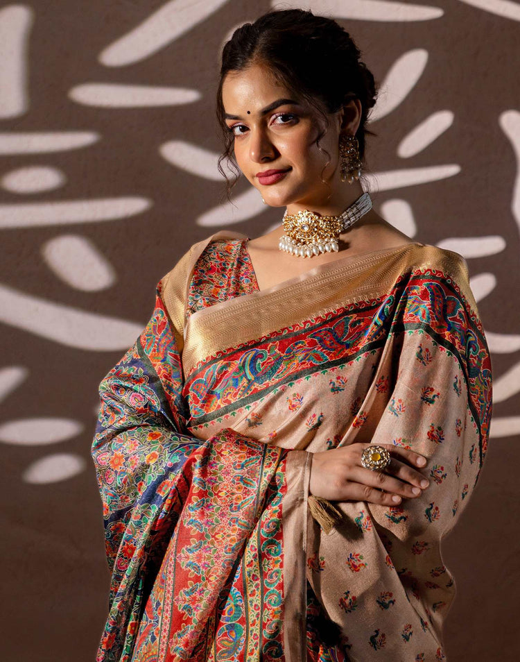 Dark Beige Silk Kalamkari Woven Border Saree