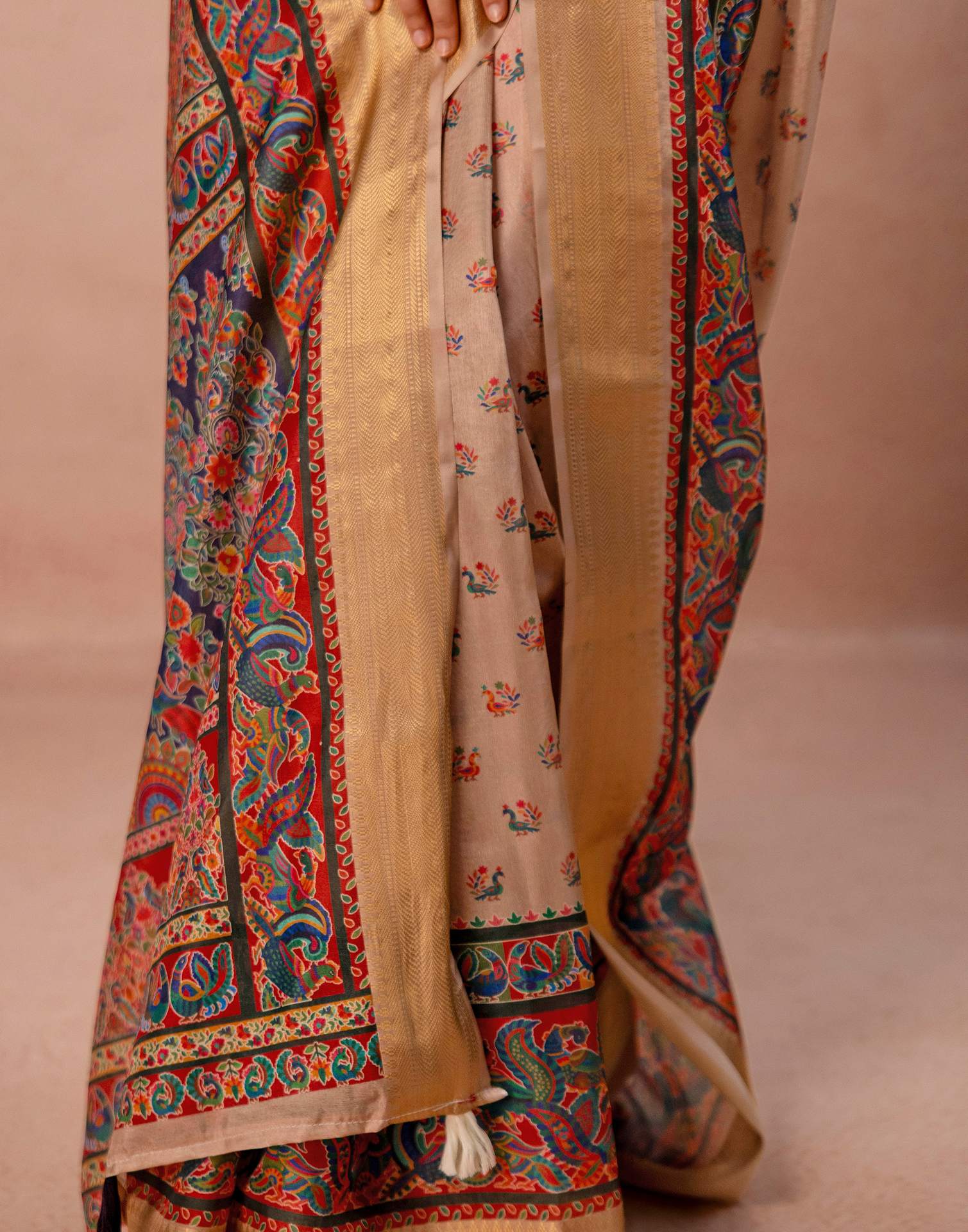 Dark Beige Silk Kalamkari Woven Border Saree