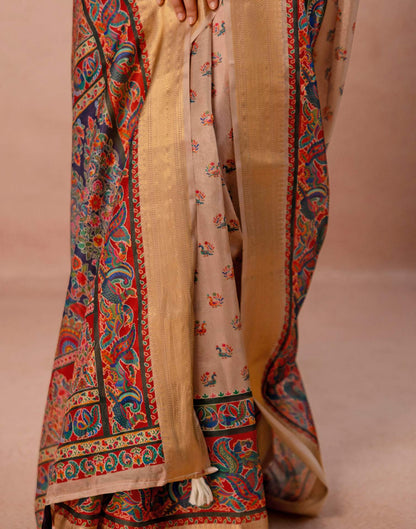 Dark Beige Silk Kalamkari Woven Border Saree