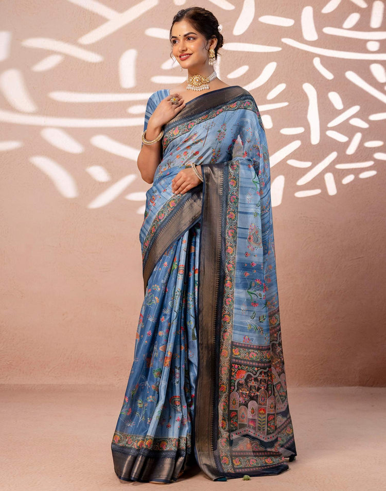 Light Blue Silk Kalamkari Woven Border Saree