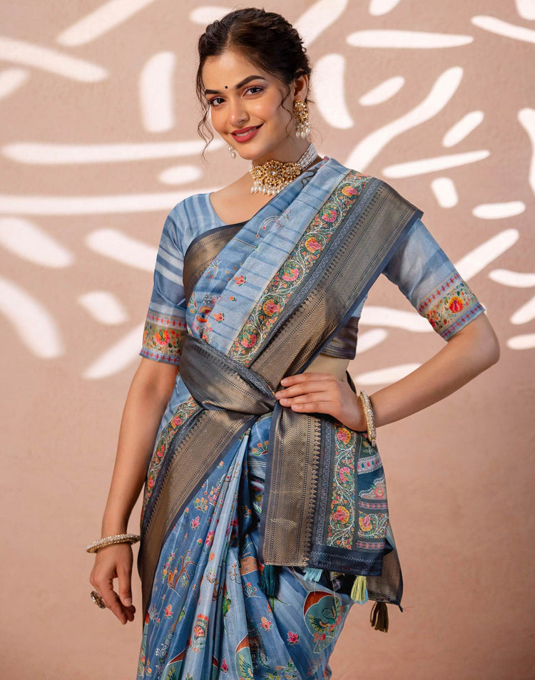 Light Blue Silk Kalamkari Woven Border Saree