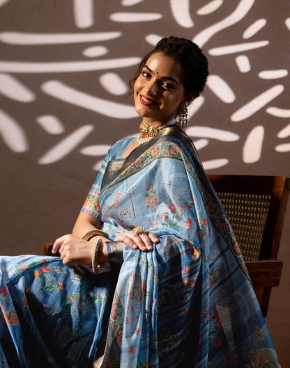 Light Blue Silk Kalamkari Woven Border Saree