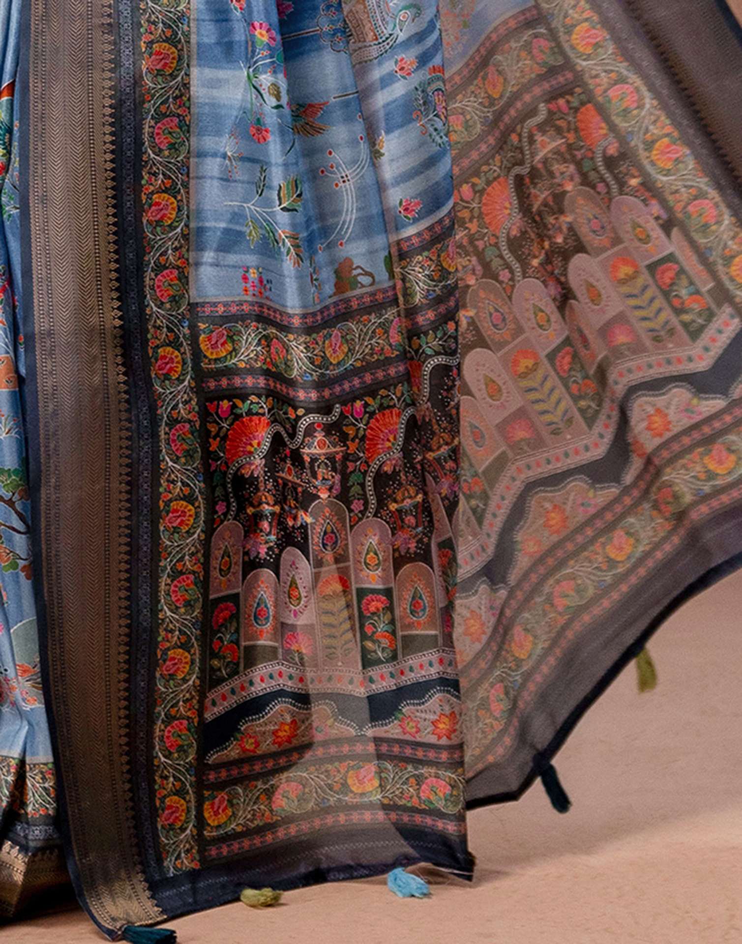 Light Blue Silk Kalamkari Woven Border Saree