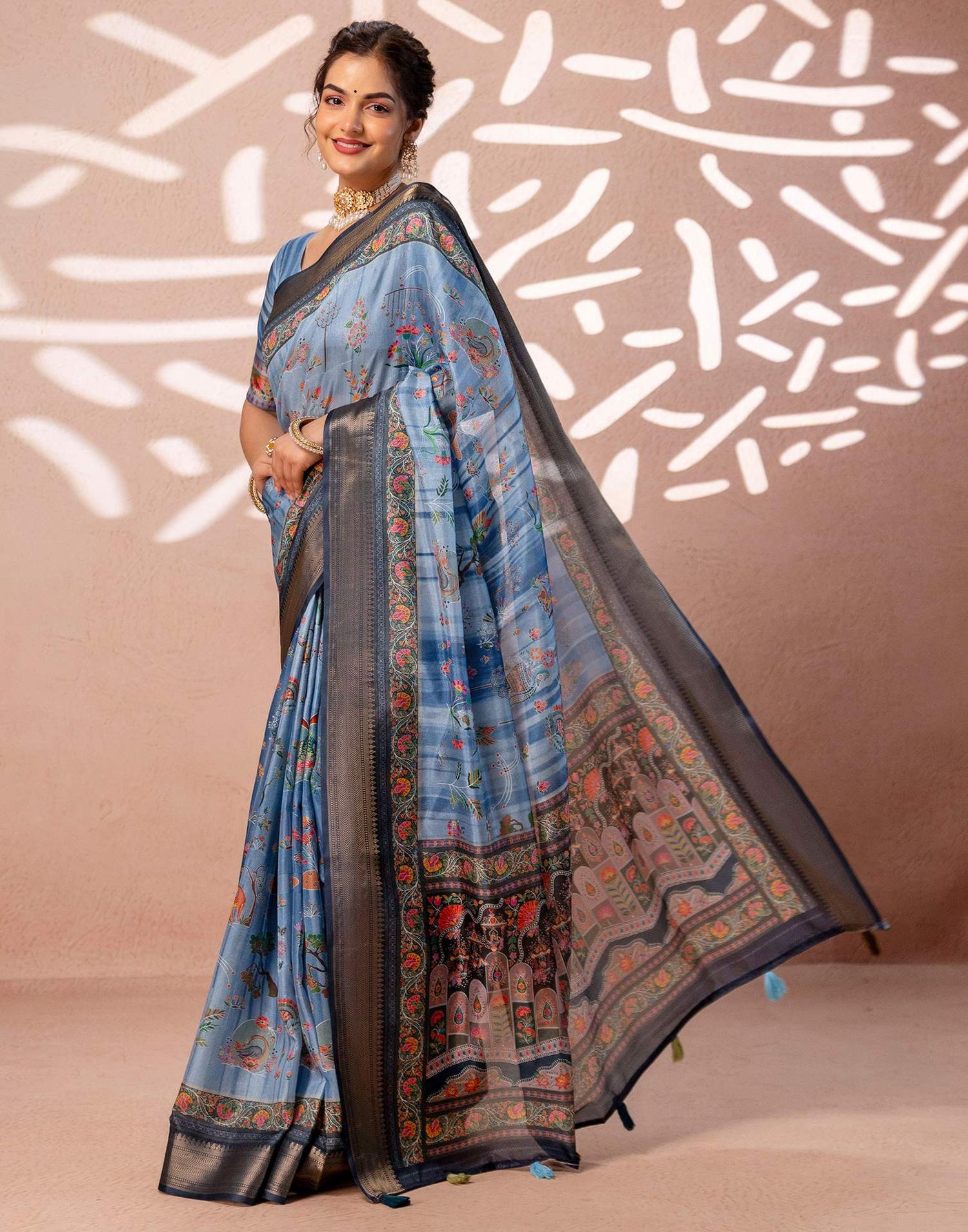 Light Blue Silk Kalamkari Woven Border Saree