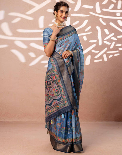 Light Blue Silk Kalamkari Woven Border Saree