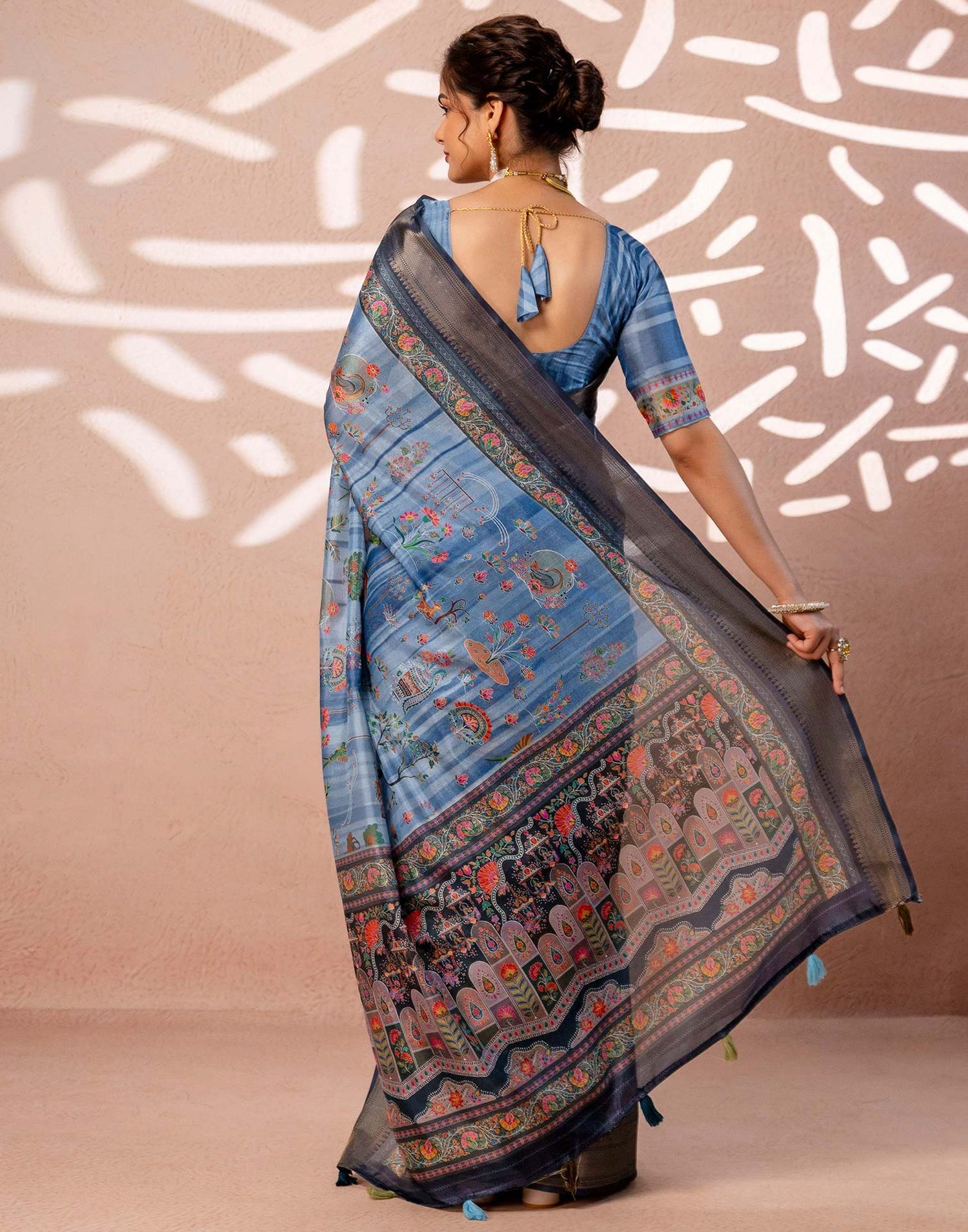 Light Blue Silk Kalamkari Woven Border Saree