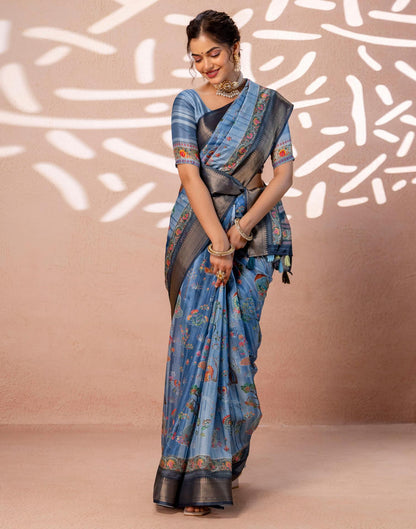 Light Blue Silk Kalamkari Woven Border Saree