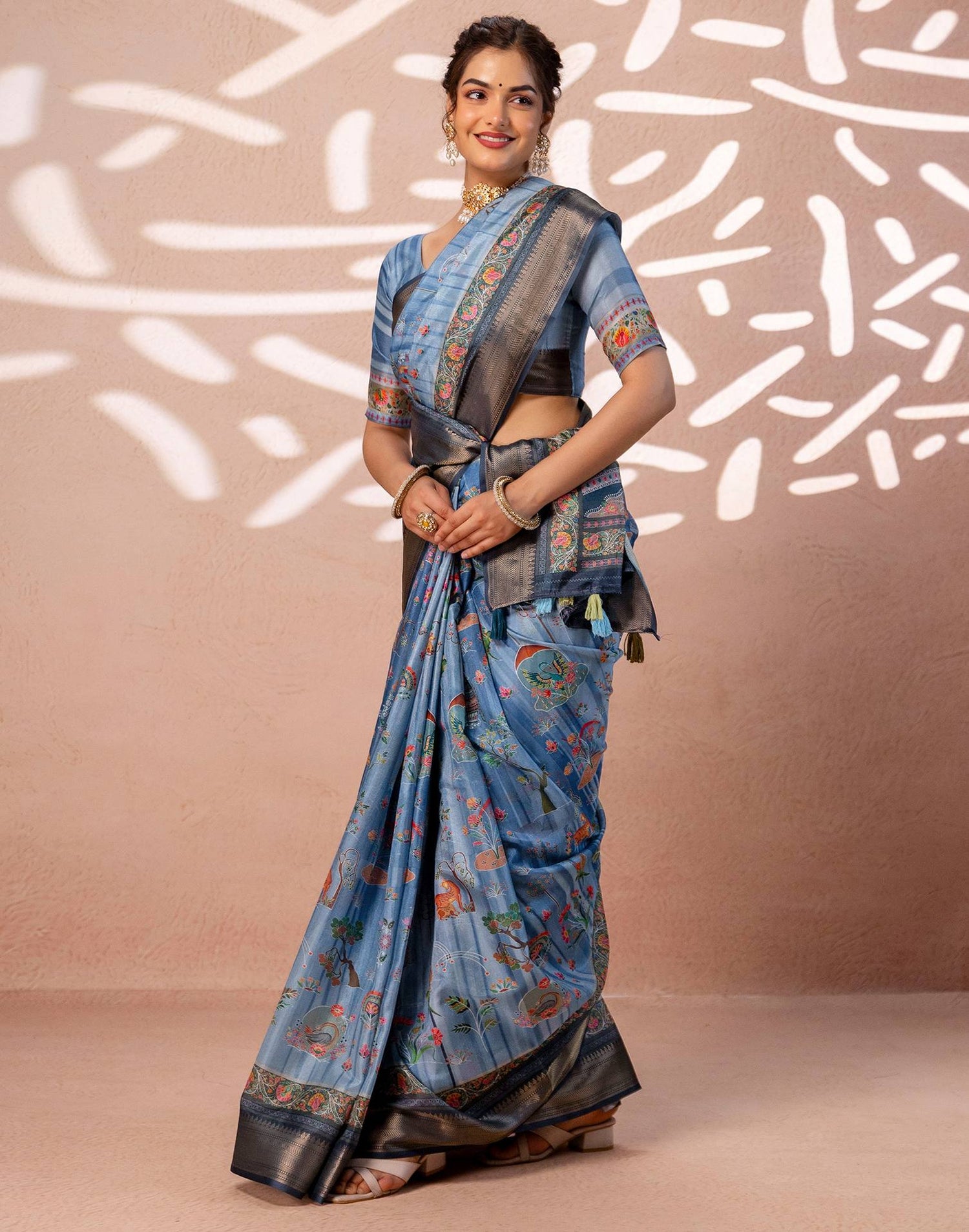 Light Blue Silk Kalamkari Woven Border Saree
