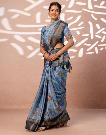Light Blue Silk Kalamkari Woven Border Saree