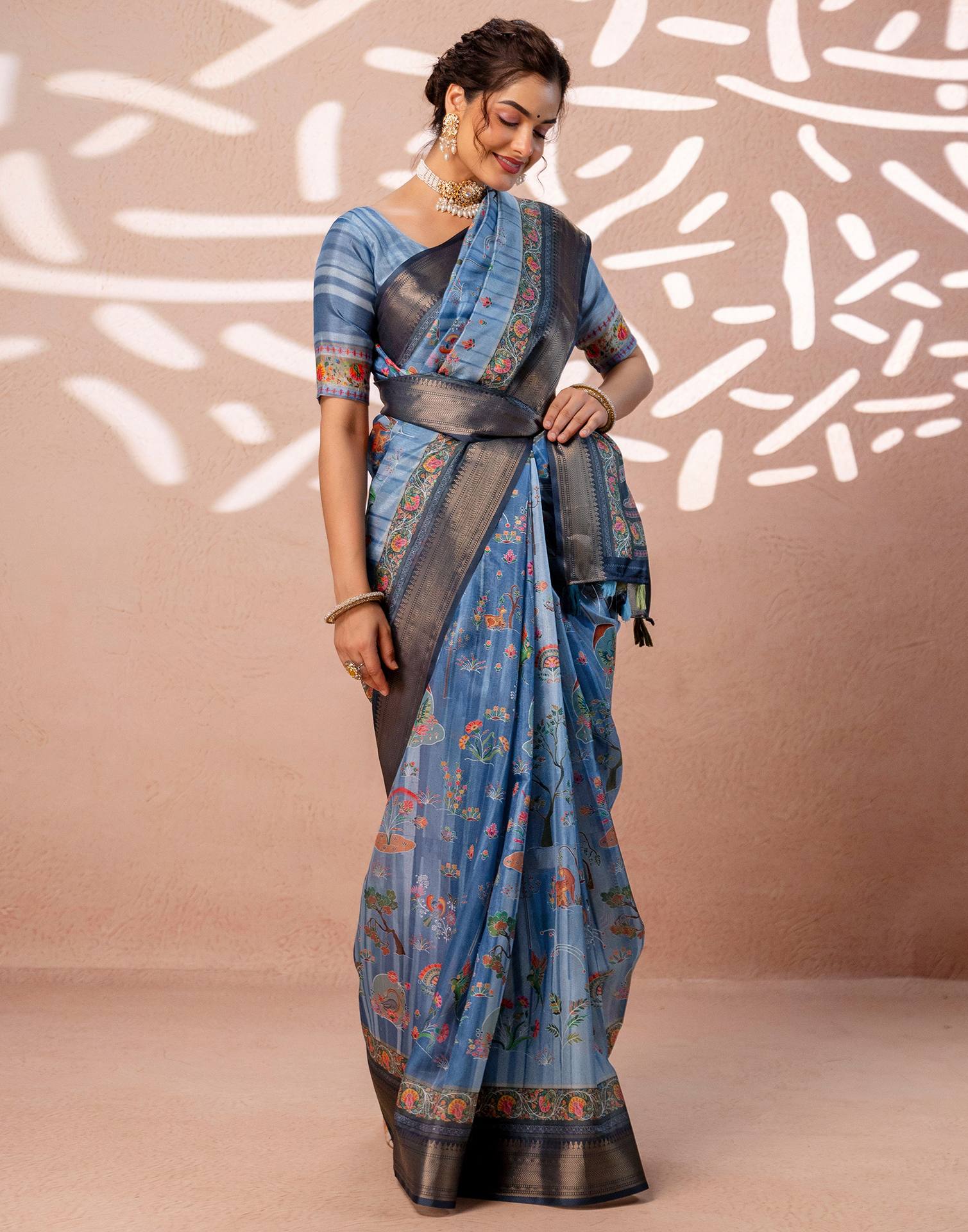 Light Blue Silk Kalamkari Woven Border Saree