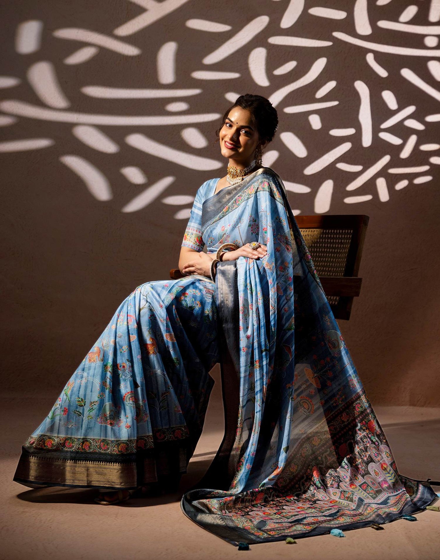 Light Blue Silk Kalamkari Woven Border Saree