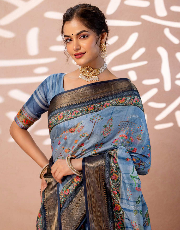Light Blue Silk Kalamkari Woven Border Saree