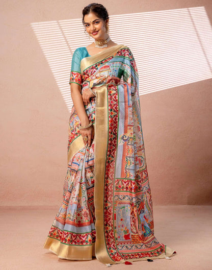 Multicoloured Silk Kalamkari Woven Border Saree