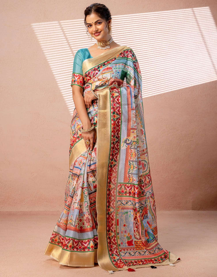Multicoloured Silk Kalamkari Woven Border Saree