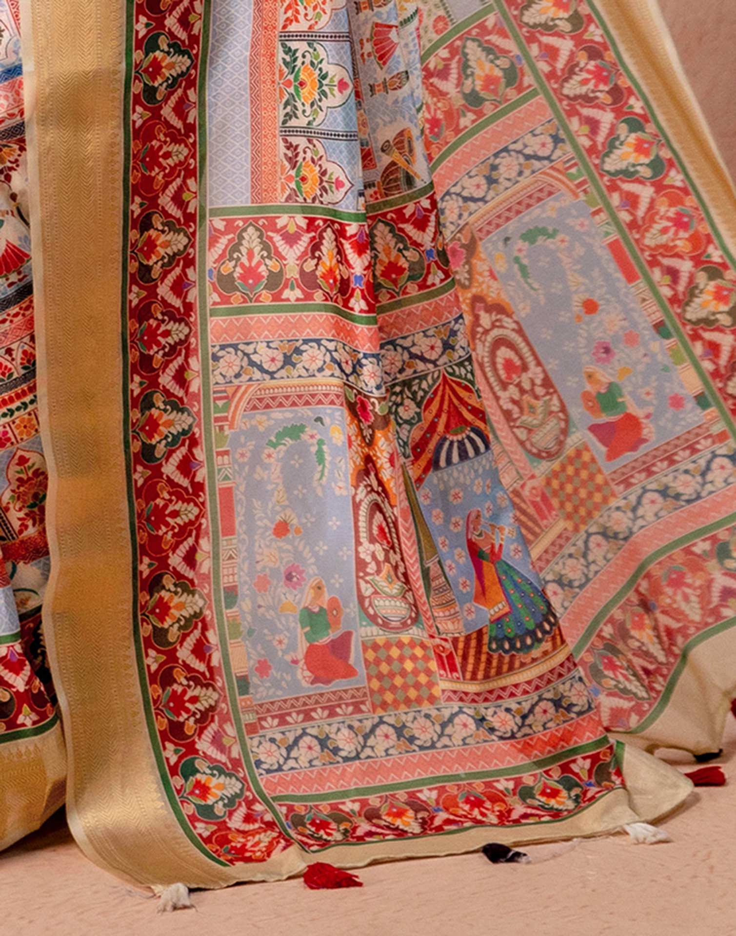 Multicoloured Silk Kalamkari Woven Border Saree