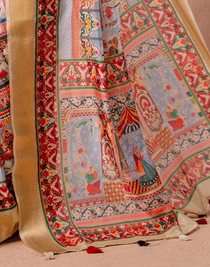 Multicoloured Silk Kalamkari Woven Border Saree