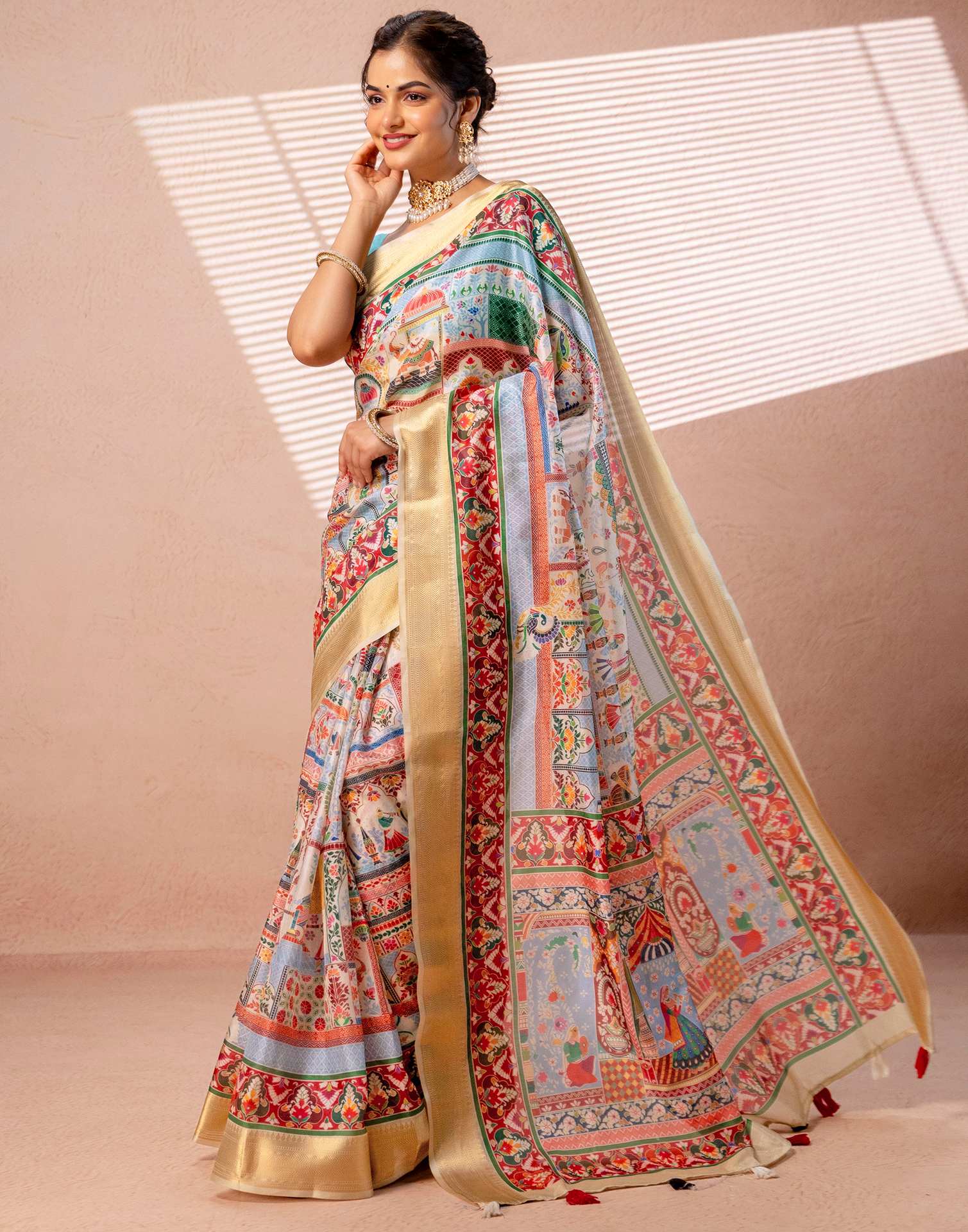 Multicoloured Silk Kalamkari Woven Border Saree