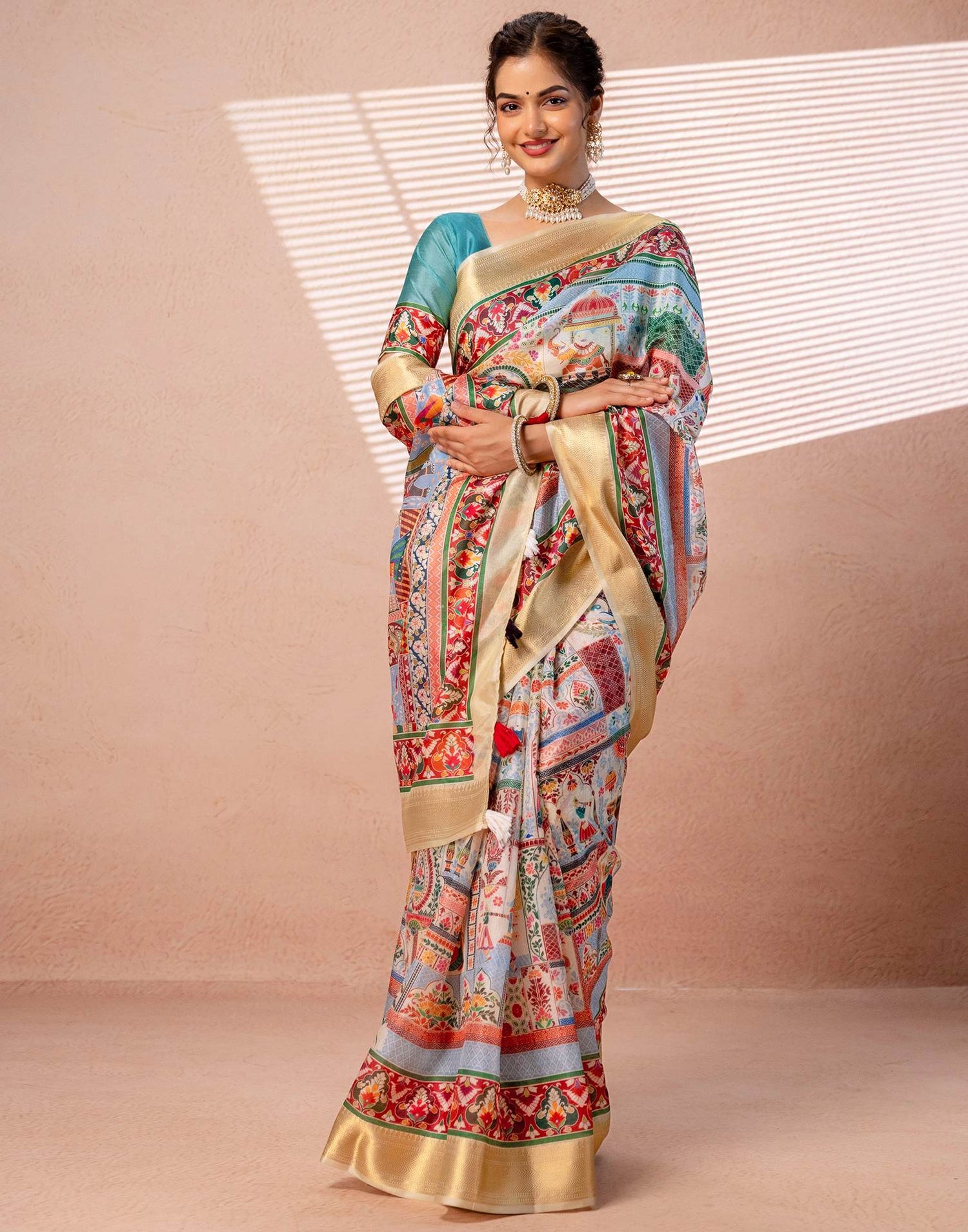 Multicoloured Silk Kalamkari Woven Border Saree
