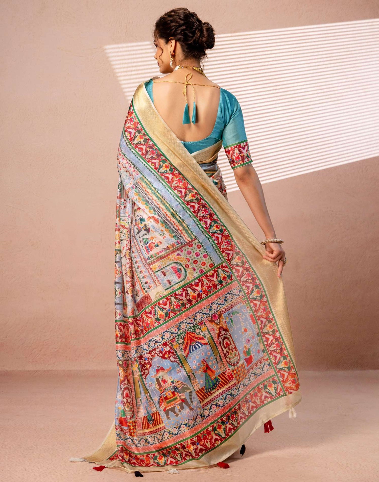 Multicoloured Silk Kalamkari Woven Border Saree