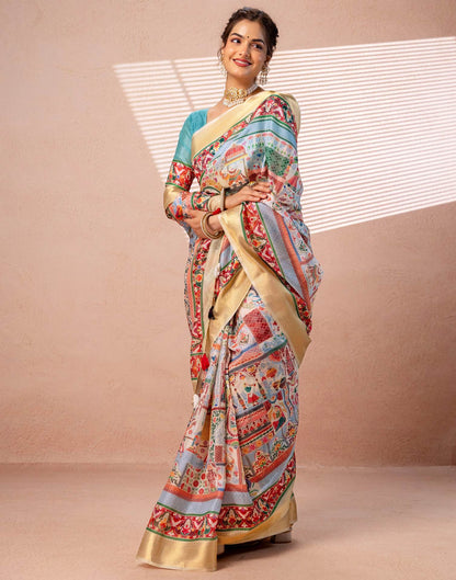 Multicoloured Silk Kalamkari Woven Border Saree