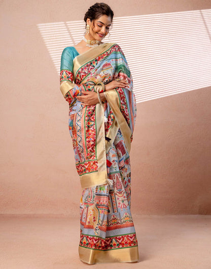 Multicoloured Silk Kalamkari Woven Border Saree