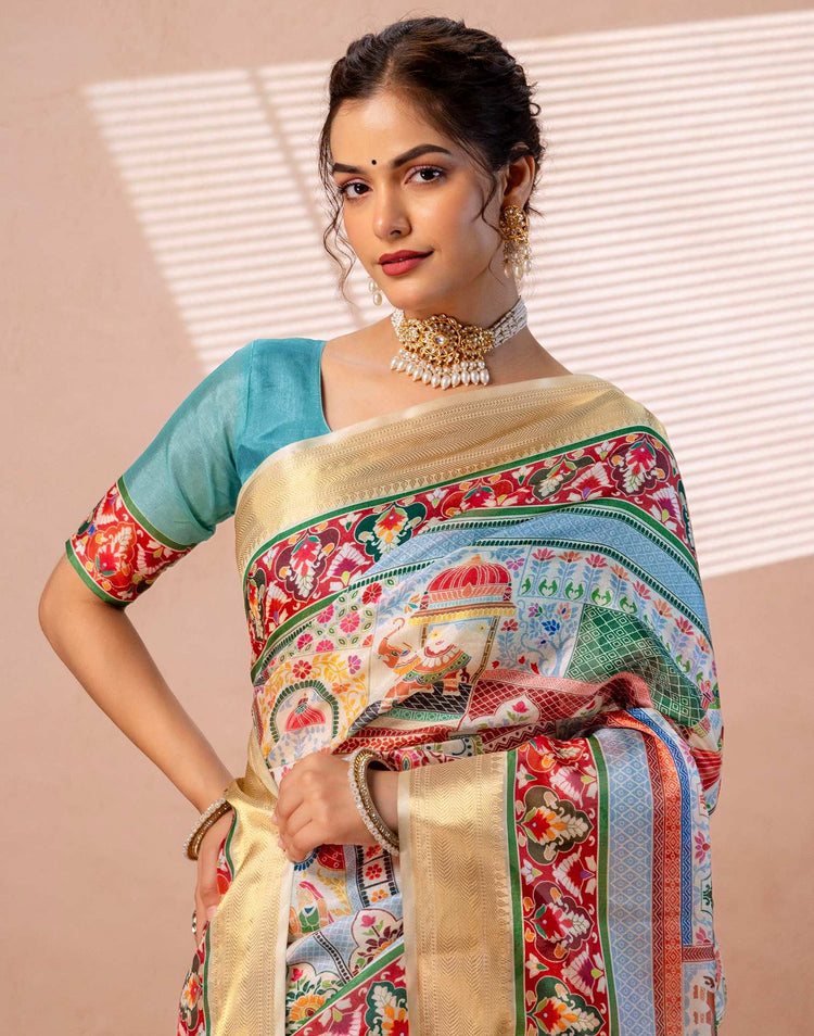 Multicoloured Silk Kalamkari Woven Border Saree