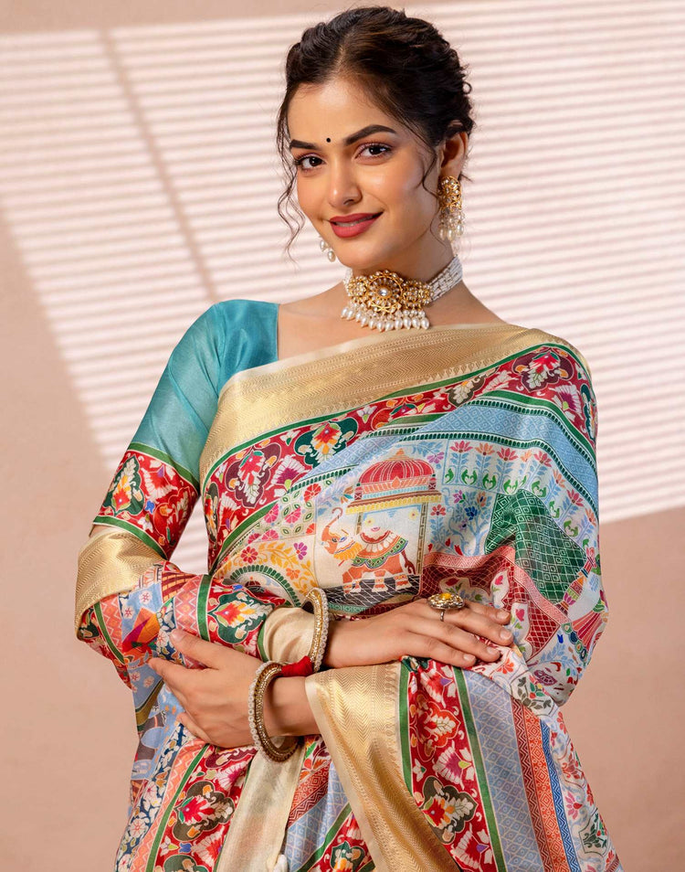 Multicoloured Silk Kalamkari Woven Border Saree