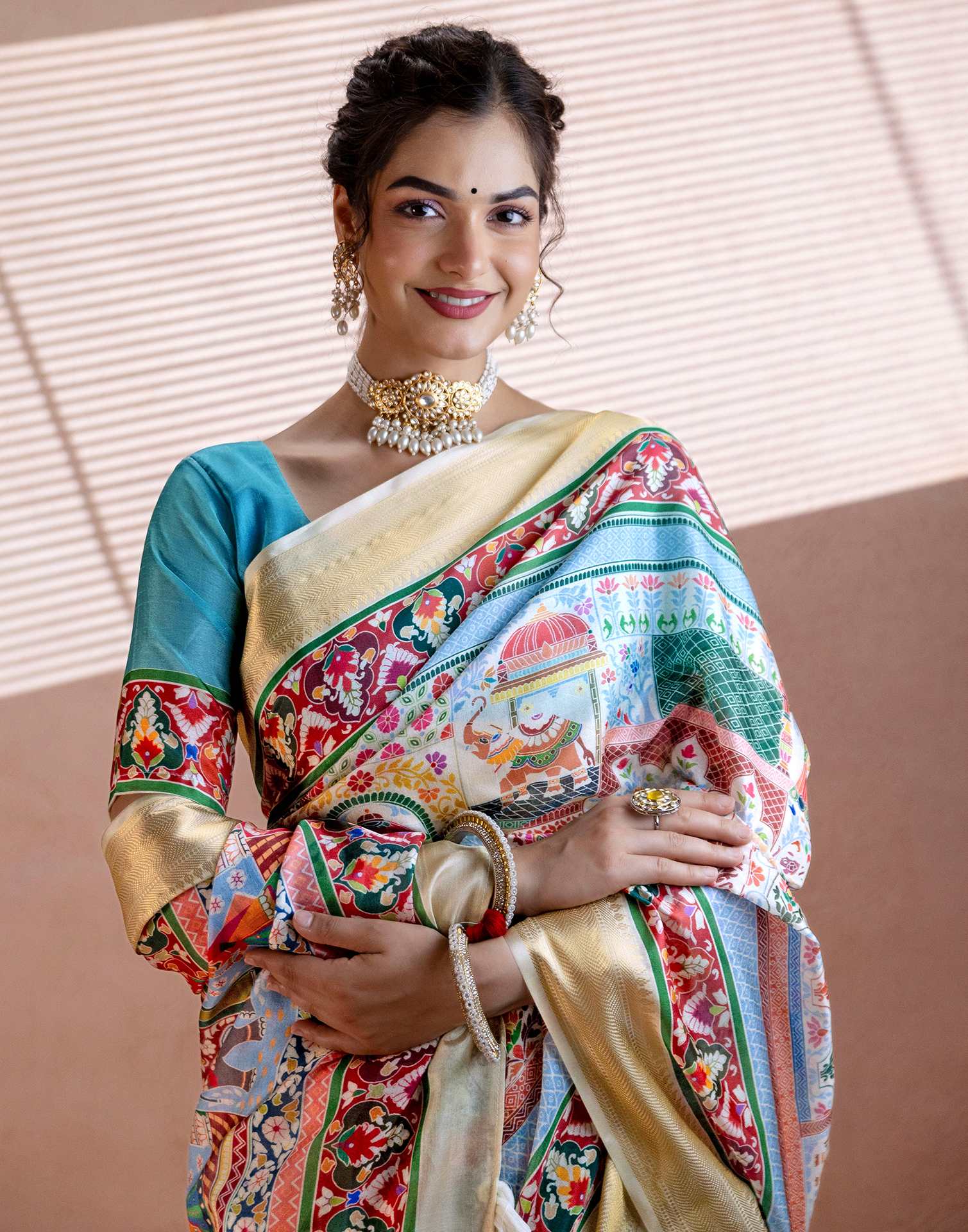 Multicoloured Silk Kalamkari Woven Border Saree