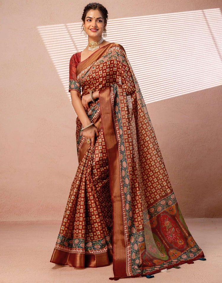 Maroon Silk Printed Woven Border Saree