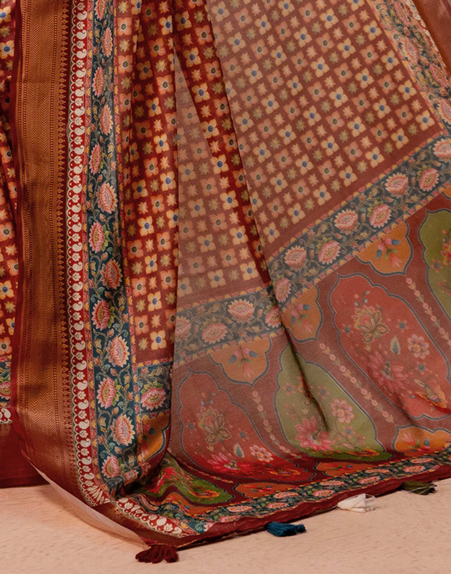 Maroon Silk Printed Woven Border Saree