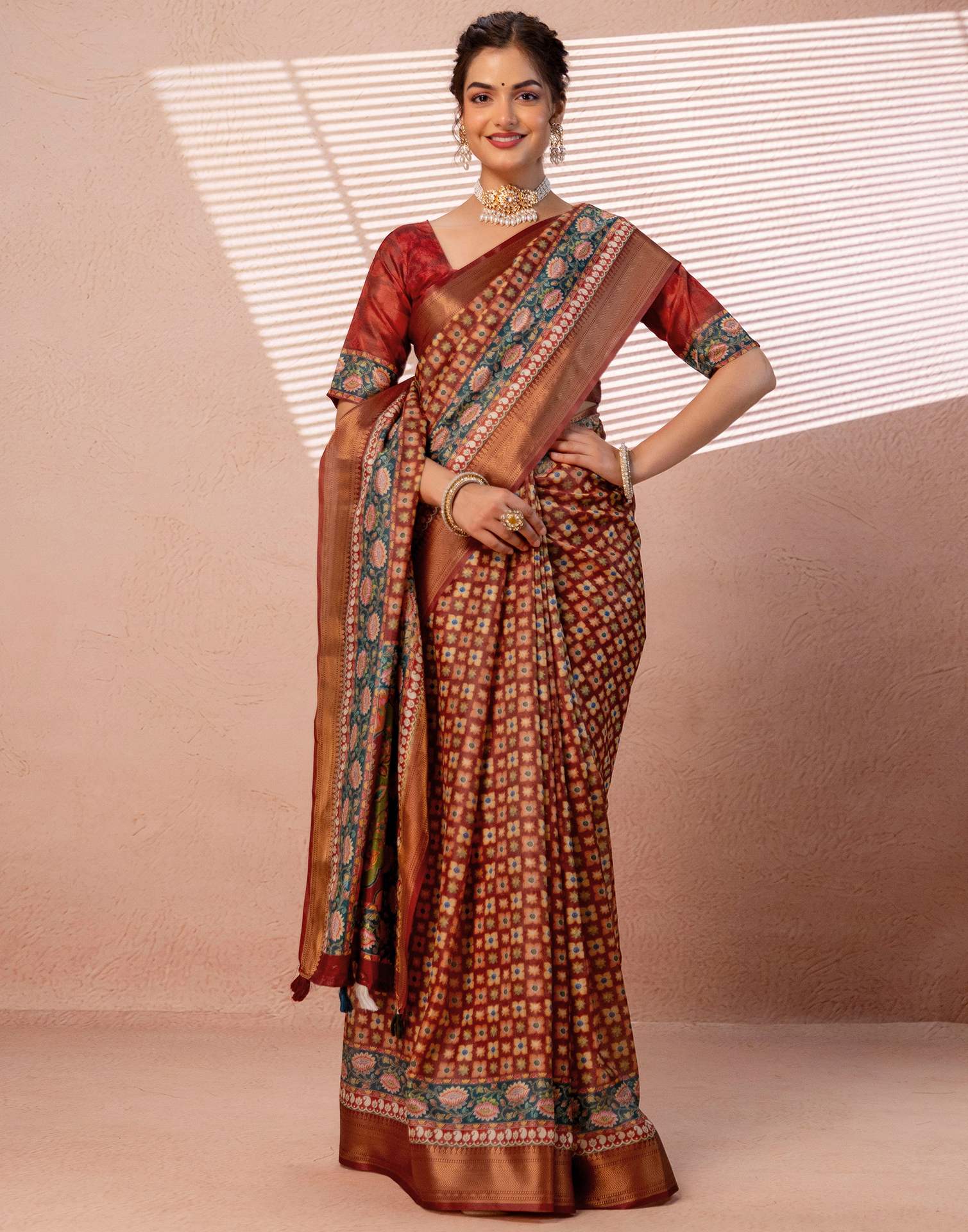 Maroon Silk Printed Woven Border Saree