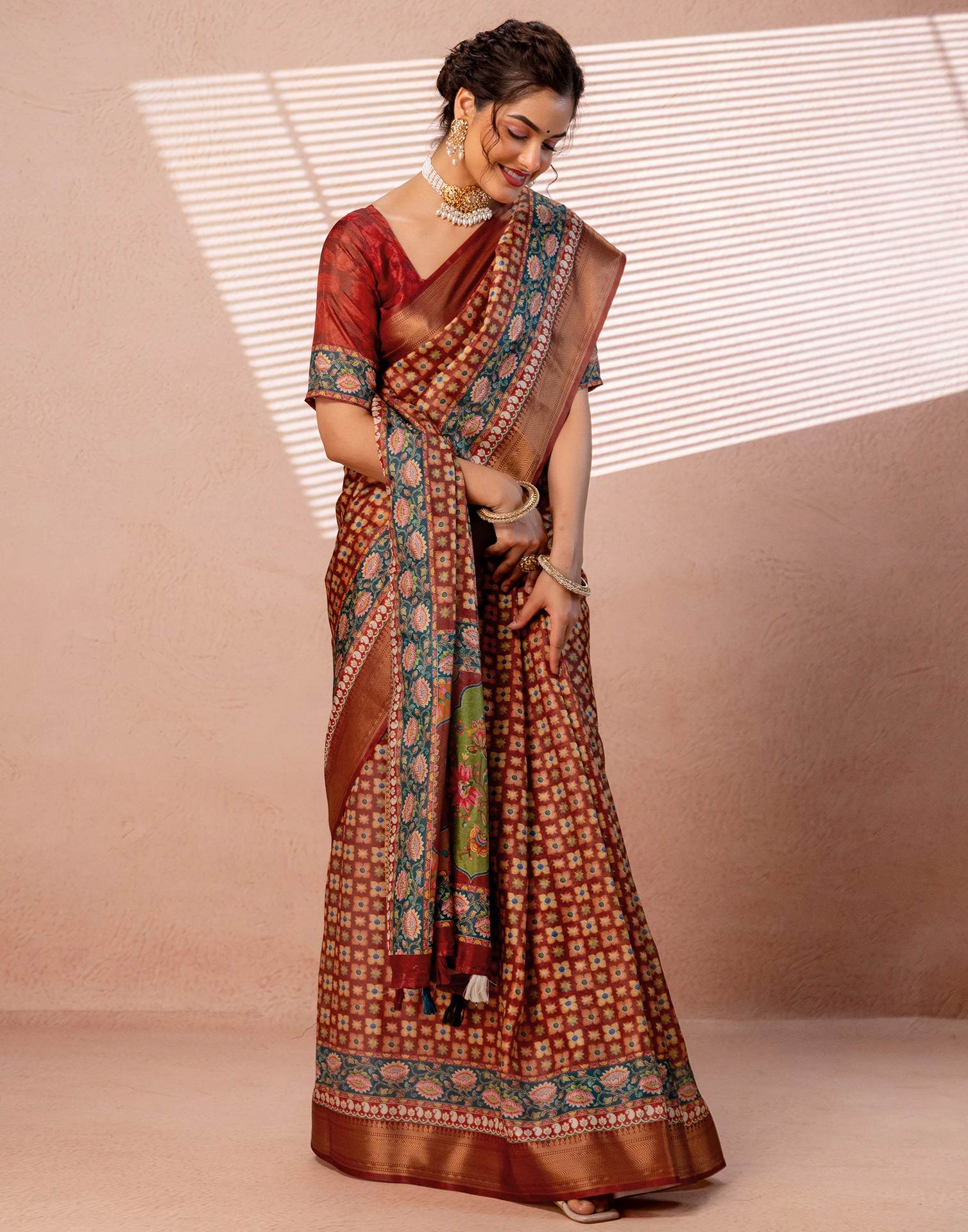 Maroon Silk Printed Woven Border Saree