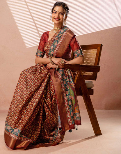 Maroon Silk Printed Woven Border Saree