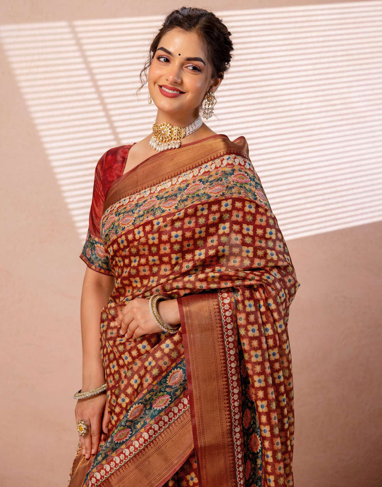 Maroon Silk Printed Woven Border Saree