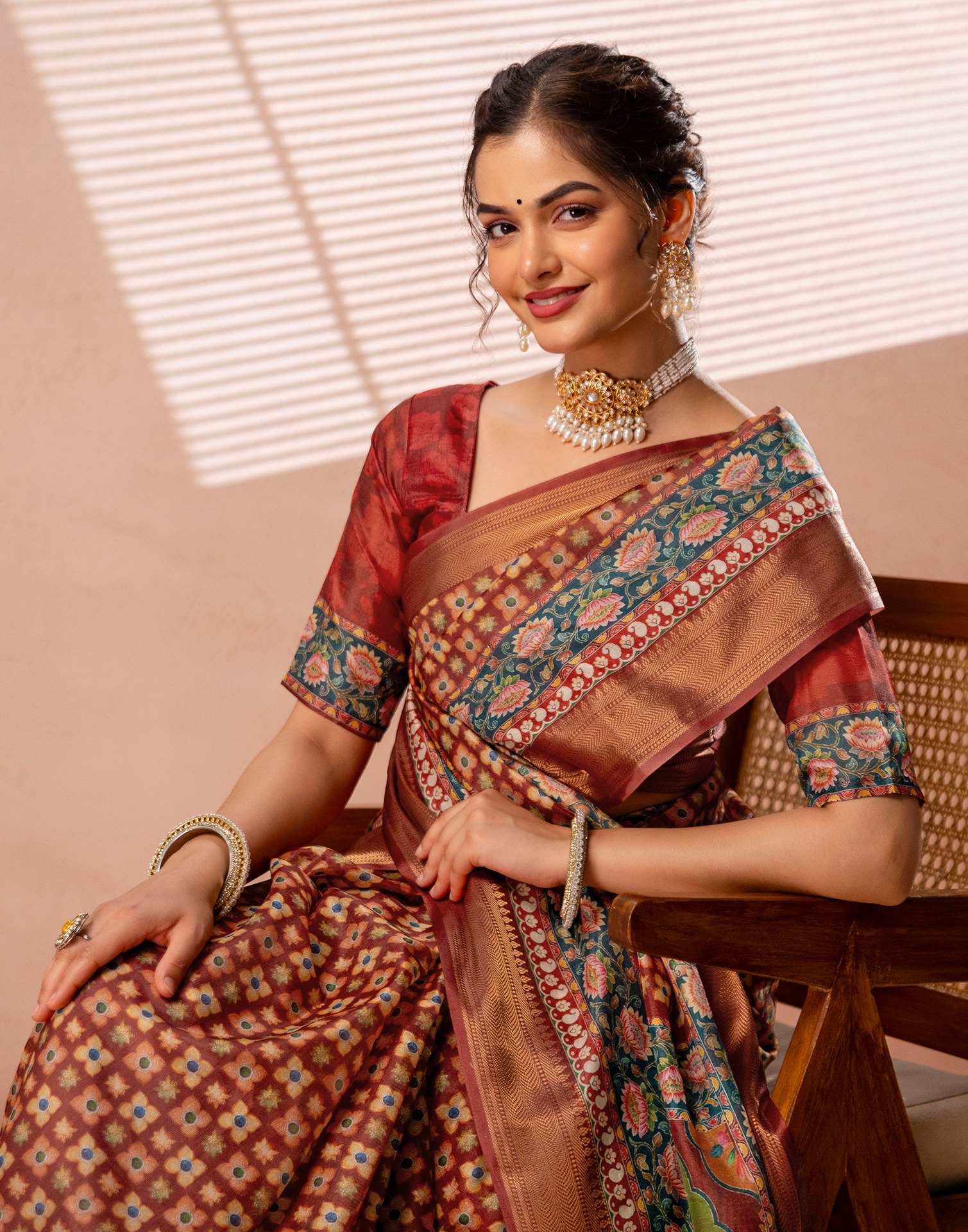 Maroon Silk Printed Woven Border Saree