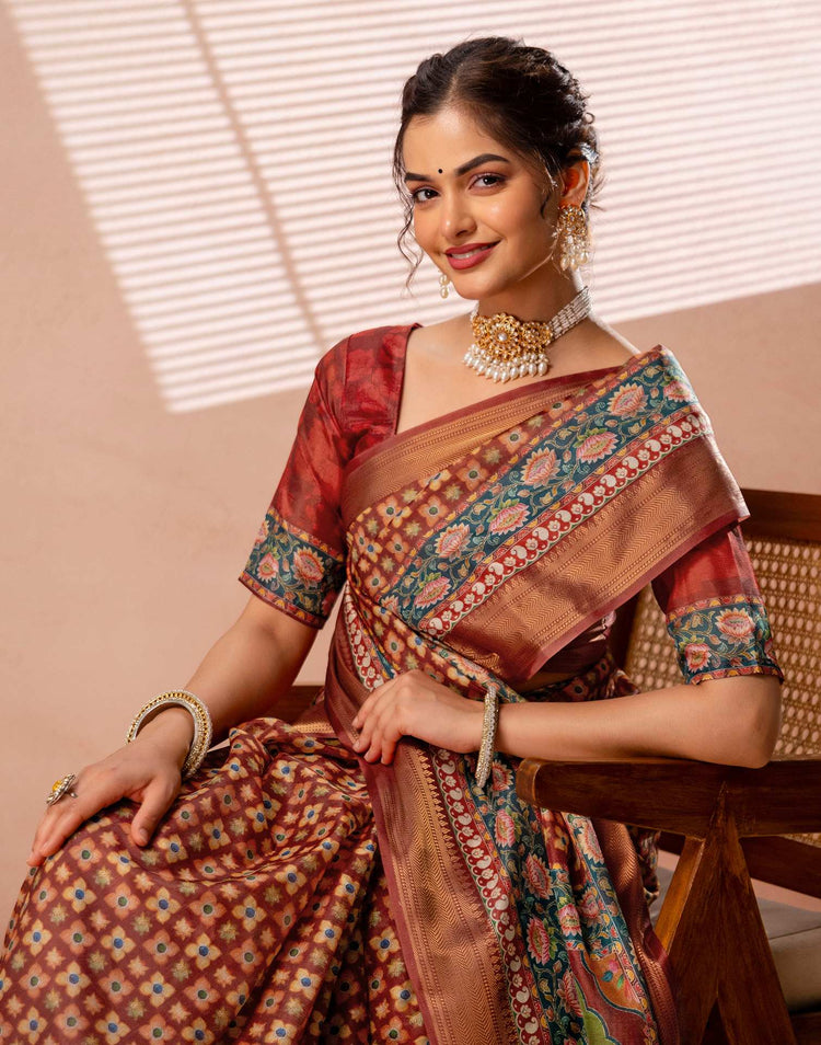Maroon Silk Printed Woven Border Saree