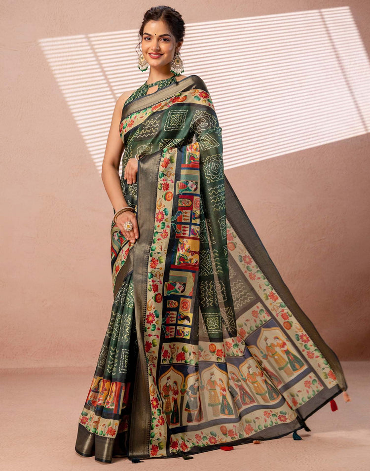 Dark Green Silk Woven Border Kalamkari Saree