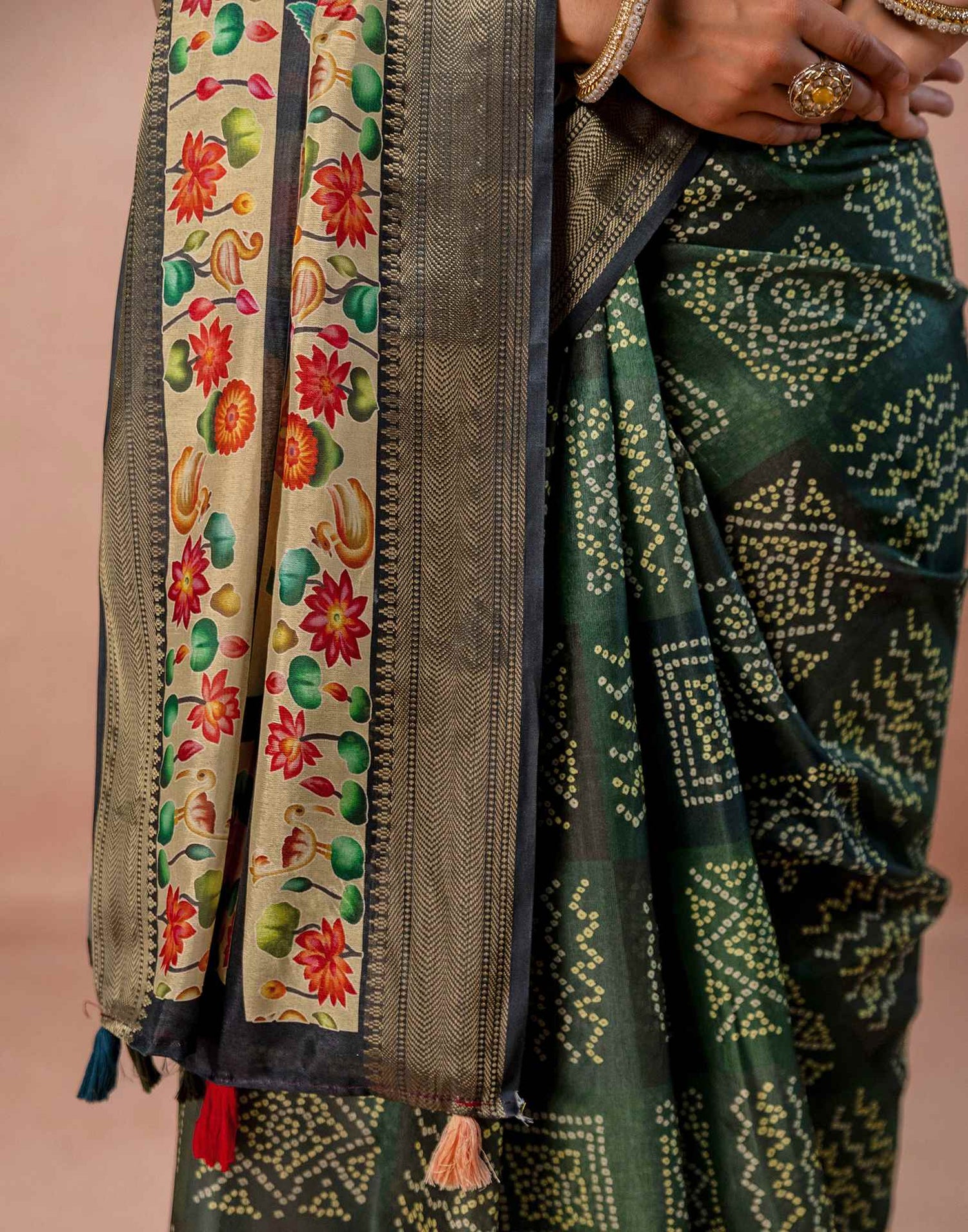 Dark Green Silk Woven Border Kalamkari Saree