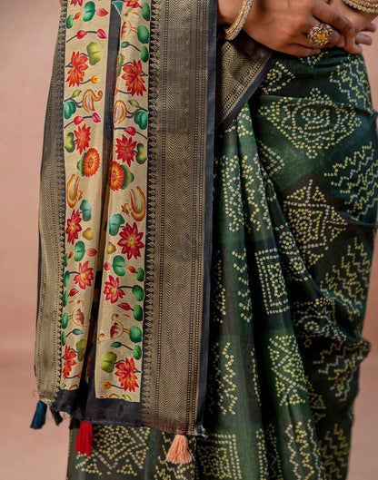 Dark Green Silk Woven Border Kalamkari Saree