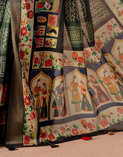 Dark Green Silk Woven Border Kalamkari Saree