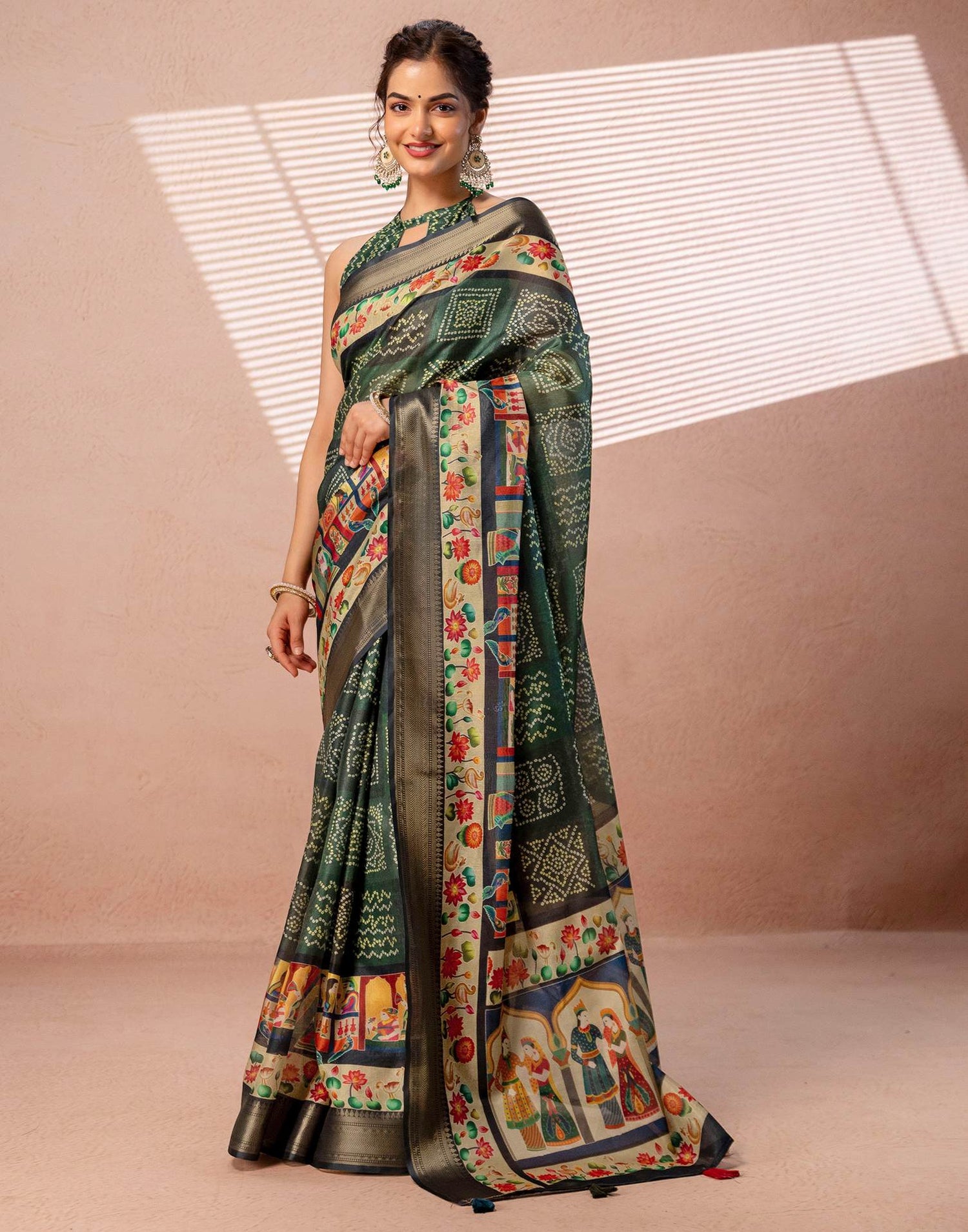 Dark Green Silk Woven Border Kalamkari Saree