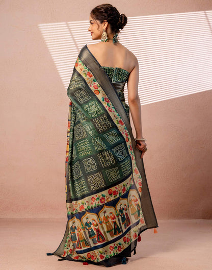 Dark Green Silk Woven Border Kalamkari Saree
