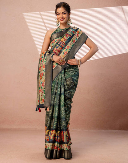 Dark Green Silk Woven Border Kalamkari Saree