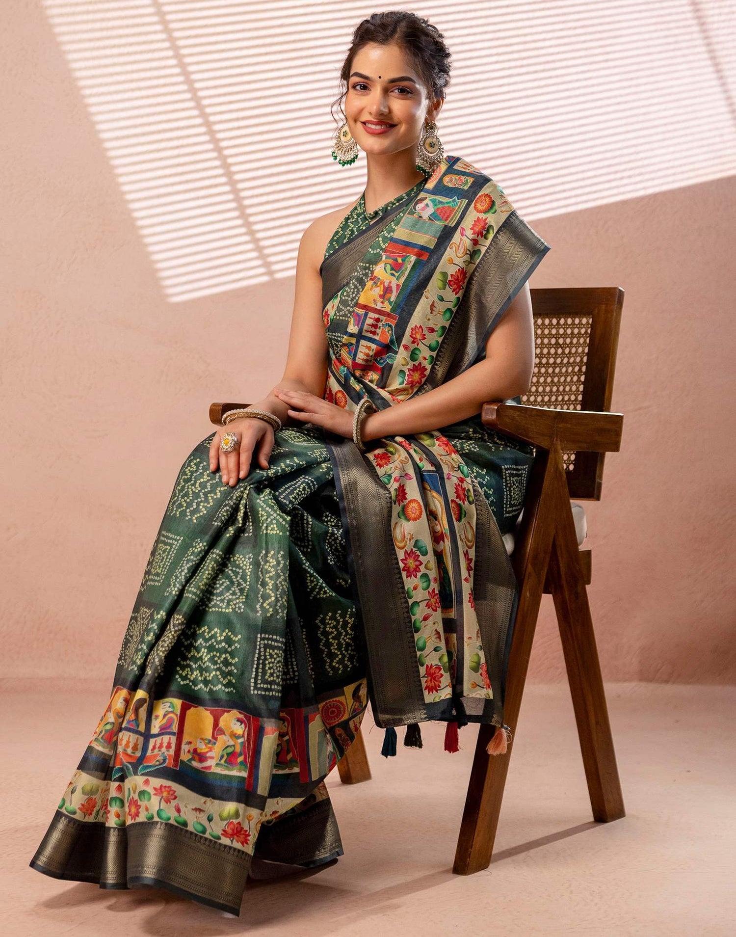 Dark Green Silk Woven Border Kalamkari Saree